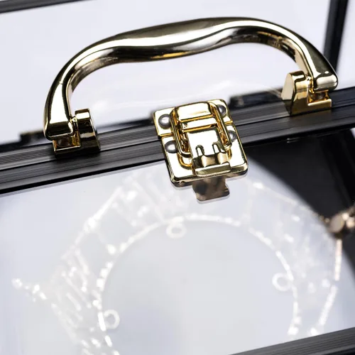Vista 9 de Exhibición de caja de corona, tiara y faja, estuche de viaje con asa, estuches de almacenamiento para concursos y joyas (negro y dorado)