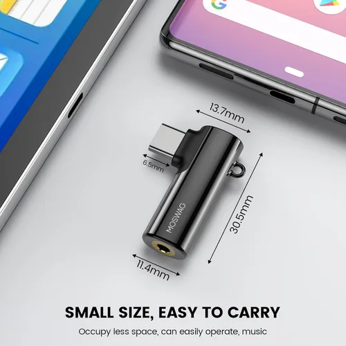 Vista 6 de MOSWAG Adaptador de auriculares USB C a conector tipo C de 0.138 in, micrófono auxiliar en ángulo derecho, dongle de audio de aleación de zinc