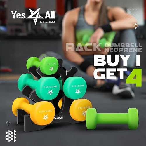 Vista 7 de Yes4All - Juego de mancuernas de neopreno con estante/3 pares de 3, 5 y 8 libras para cualquier entrenamiento de gimnasio en casa, antideslizantes