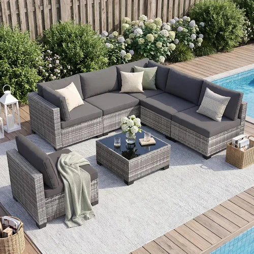 Vista 10 de FHFO 7 Piece Patio Furniture Set, Outdoor Wicker Sectional Sofa Set 1/ Gris Gris Claro