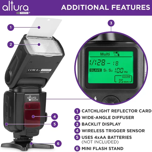 Vista 3 de Altura Photo Camera Flash with LCD Display, Universal Speedlite for DSLR