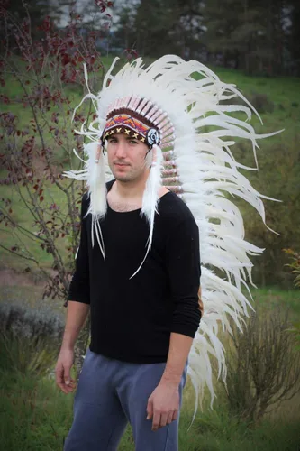 Vista 2 de Tocado de plumas blancas extra grande Inspirado en indios nativos americanos, Blanco (White feather)