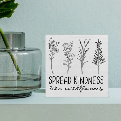 Vista 6 de Cartel de madera Spread Kindness Like Wildflowers, caja de madera con flores de granja, letrero de bloques de escritorio, letreros rústicos