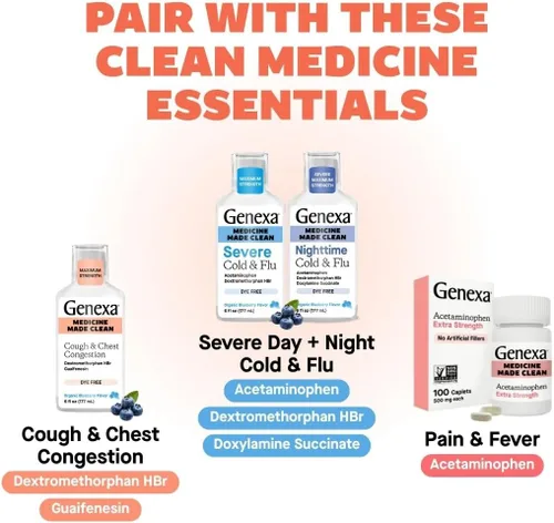 Vista 7 de Genexa Flu Fix Remedio Multi-Síntoma para el Resfriado para Niños y Adultos Alivia Dolores, Fiebre, Congestión Sabor a Acai Berry Orgánico