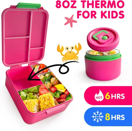 Vista 6 de Kidz Bento - Lonchera con termo de sopa, 4 compartimentos, a prueba de fugas, tarro de comida aislado para viajes, picnic