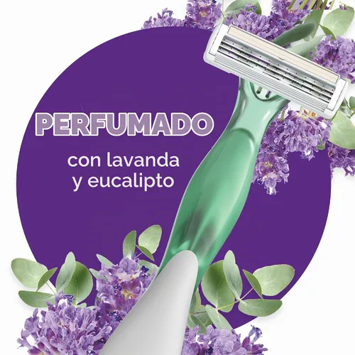 Vista 3 de BIC Soleil 3 Escape - Maquinillas de afeitar desechables para mujer, 3 cuchillas, afeitado cómodo, mango perfumado lavanda y eucalipto para mujer, 4