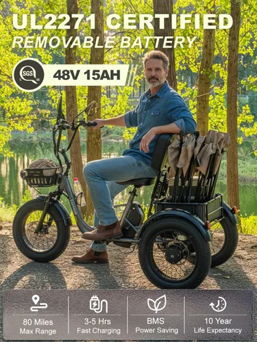 Vista 6 de Folding Electric Tricycle for Adults 2 Seater, 20MPH 100 Miles 4" Wide Fat Tire Electric Trike, 3 Wheel Electric Bike 1200W, 48V 20AH Battery