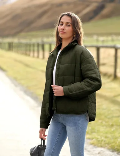 Vista 4 de Omoone Chaqueta acolchada con cremallera para mujer, ligera y acolchonada, con capucha, de gran tamaño Verde militar