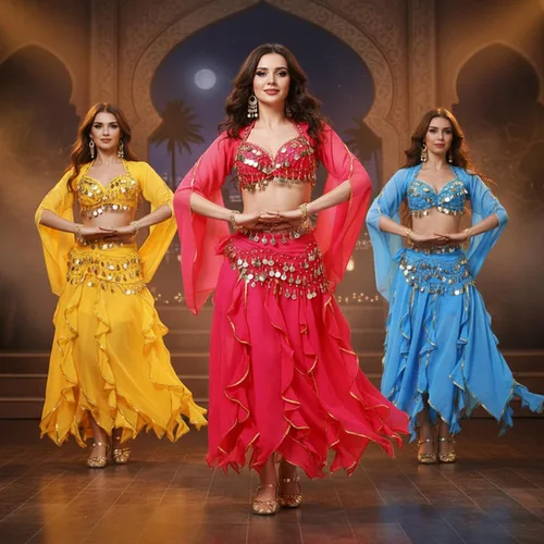 Vista 34 de Haysandy Conjunto de 8 piezas de danza del vientre para mujer, falda de danza del vientre, bufanda de cadera, 2 pulseras, aretes, pulsera de tobillo