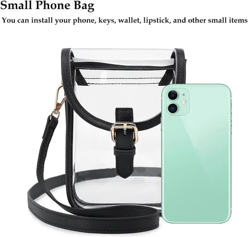 Vista 5 de FAIME Pequeña bolsa transparente aprobada para estadios, bolsa cruzada transparente para teléfono celular con correa ajustable para conciertos