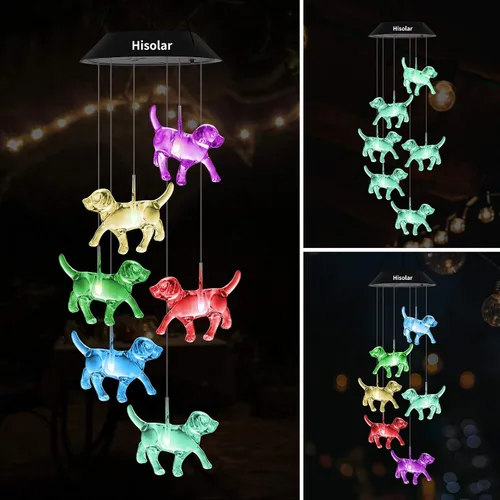 Vista 2 de Campanillas de Viento Solares de Cristal de Perro para Exteriores que Cambian de Color Luces Solares Móviles LED Campanillas de Viento con Energía