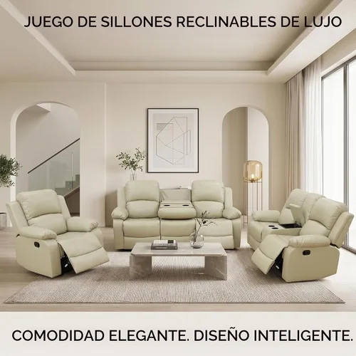 Vista 6 de Juego de sofá reclinable manual de 3 piezas, juego de muebles de sala de estar de tela beige con sofá reclinable de 3 asientos, sofá biplaza