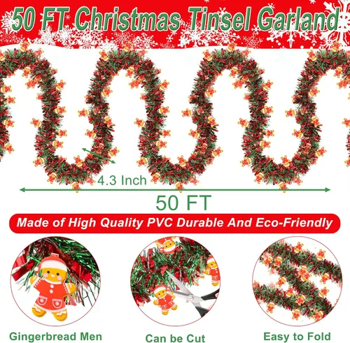 Vista 2 de Guirnalda de oropel de Navidad de 50 pies con adorno de hombre de jengibre, guirnalda metálica brillante roja y verde para árbol de Navidad, hogar