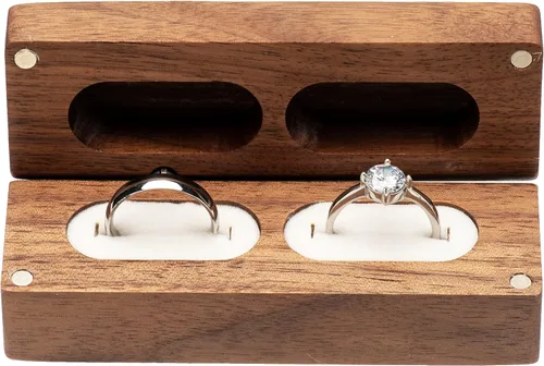 Vista 5 de Caja de doble anillo de madera para compromiso de ceremonia de boda, soporte de almacenamiento de anillos, caja decorativa para 2 anillos