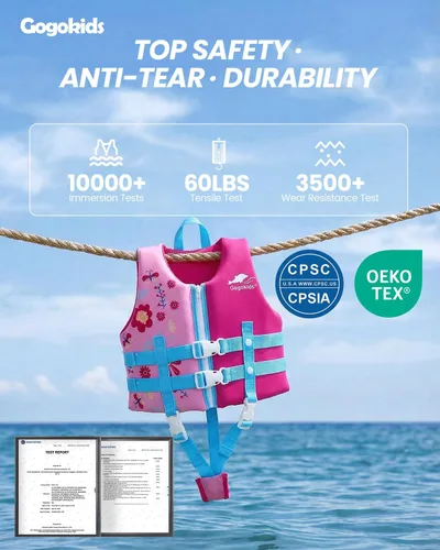 Vista 3 de Gogokids Chaleco de natación para niños de 2-3-4-5-6-7-8-9 años, flotadores de piscina para niños de 30-50-70 libras, flotabilidad para niños