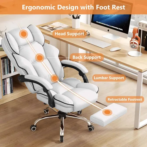 Vista 5 de Silla ejecutiva de oficina con respaldo alto, sillas de juegos para computadora, escritorio de cuero con reposapiés, trabajo ergonómico grande y Gris
