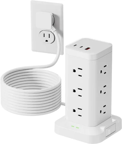 Vista 14 de Torre de regleta de alimentación con protector de sobretensiones de 1800J, torre de carga rápida PD20W puertos USB-C con 12 salidas de CA, cable