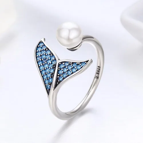 Vista 5 de Presentski Anillos abiertos de plata de ley con perlas de sirena ajustables para mujeres