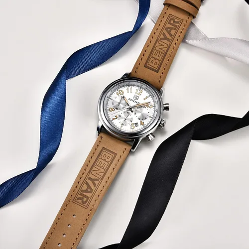 Vista 5 de BENYAR - Reloj de pulsera elegante para hombre, reloj de correa de cuero auténtico, movimiento de cuarzo perfecto, impermeable y resistente a