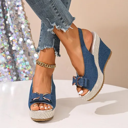 Vista 5 de Sandalias de cuña de mezclilla para mujer 2026 con puntera abierta, alpargatas con lazo, zapatos casuales de playa de verano para viajes, fiestas