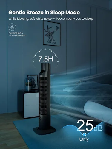 Vista 4 de Uthfy Ventilador de torre para dormitorio, ventilador oscilante de 120° con modo de sueño silencioso, 3 velocidades y 3 modos, temporizador 7.5H