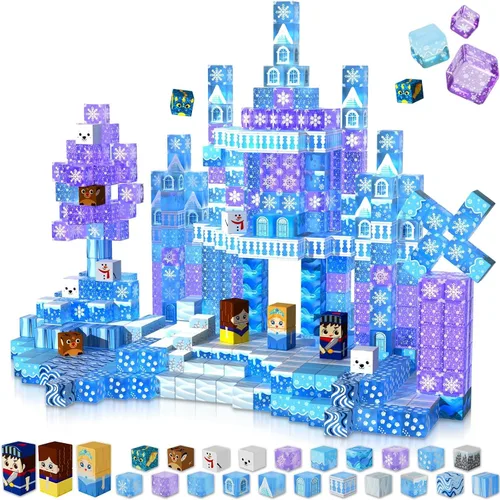 Vista 10 de Bloques magnéticos – 100 bloques de construcción magnéticos de castillo de princesa rosa, cubos magnéticos 3D para niñas, juguete de construcción