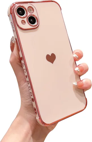 Vista 10 de DEFBSC Funda compatible con iPhone 15, con borde galvanizado, diseño de corazón con correa para la muñeca, protección completa de la cámara