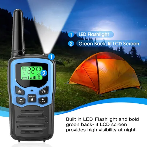 Vista 6 de MOICO Walkie Talkies de largo alcance para adultos con 22 canales FRS, Walkie Talkie familiar con linterna LED, pantalla LCD VOX para senderismo