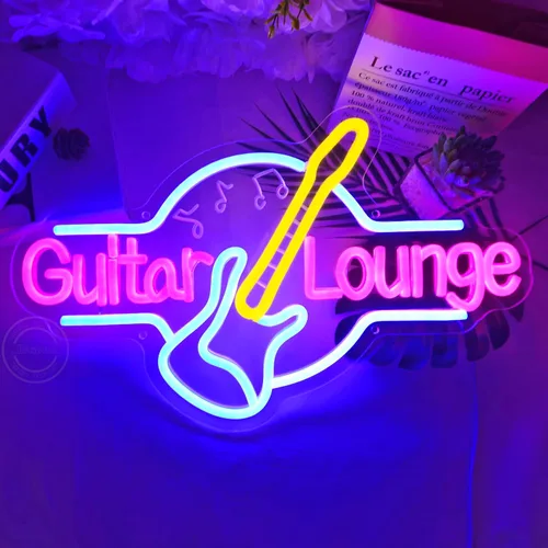 Vista 7 de Britrio Letrero de neón de guitarra, decoración de pared, sala de música en vivo, sala de bandas, sala de estar, oficina, dormitorio, hombre, cueva