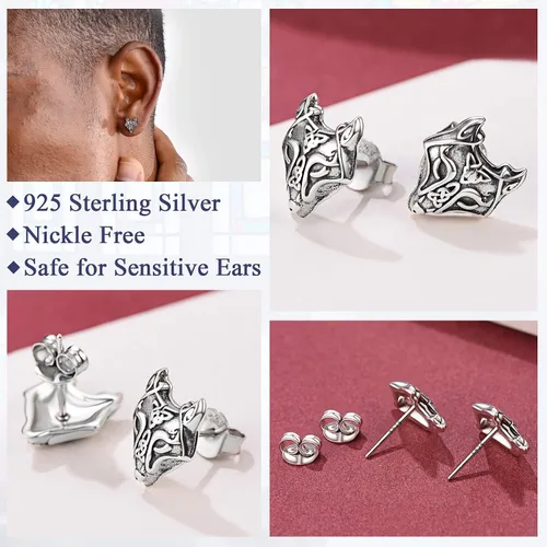 Vista 4 de FaithHeart Norse Vikingo Jewelry - Aretes de tuerca de plata de ley de acero inoxidable, lobo celtamartillo de Thors para mujeres y hombres, Acero