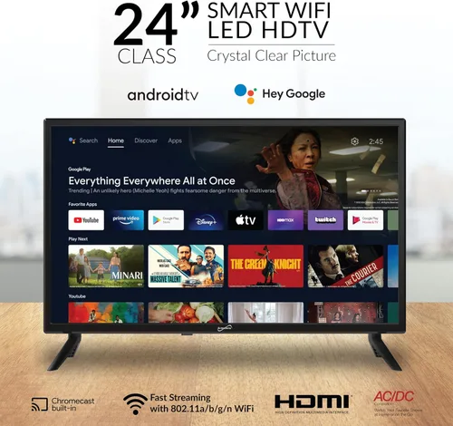 Vista 2 de Supersonic SC-2450GTV-A 24 pulgadas DLED Smart HDTV con asistente de Google, sistema ATSC y NTSC, entrada USB HDMI, WiFi, resolución de 1080p