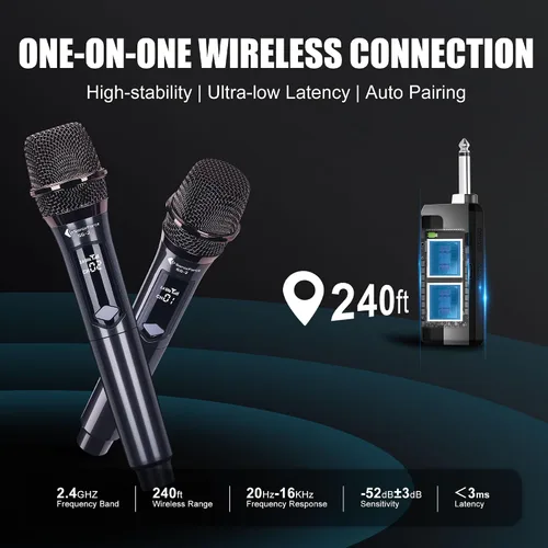 Vista 4 de Micrófonos inalámbricos - Micrófono de karaoke para cantar - Micrófono inalámbrico recargable con receptor de doble canal - Rango de 240 pies
