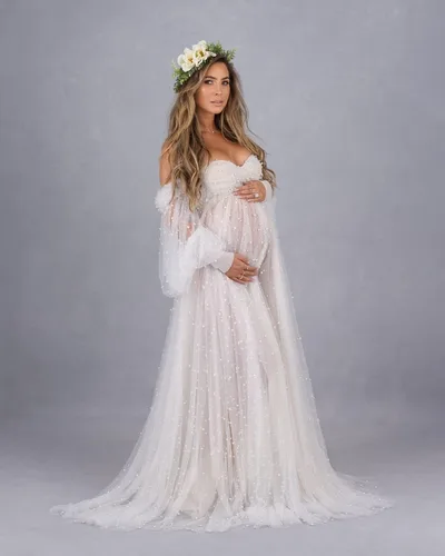 Vista 9 de yinyyinhs Vestido de maternidad de tul perla para sesión de fotos, manga larga hinchada y hombros descubiertos, vestido de maternidad para baby
