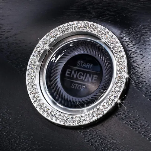 Vista 5 de ToBeQueen Anillo de cristal para automóvil para mujer, 2 calcomanías para automóvil con botón de arranque, accesorio interior de automóvil