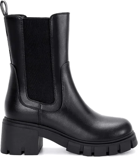 Vista 2 de Athlefit Botas Chelsea de plataforma a media pantorrilla para mujer, suela de lengüeta, tacón grueso, botines de cuero elástico