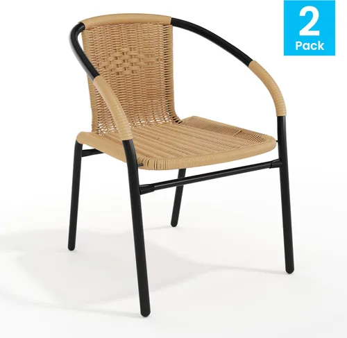 Vista 4 de Flash Furniture Lila Paquete de 2 Sillas Apilables de Ratán Beige para Restaurante Interior-Exterior