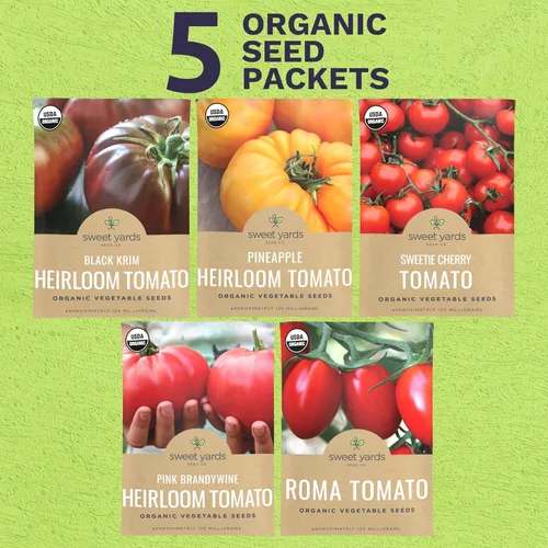 Vista 2 de Paquete variado de semillas de tomate orgánico – 5 paquetes individuales – Temporada 2026 – Roma, Brandywine rosa, cereza Sweetie, Krim negro