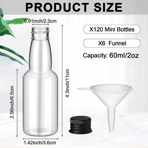 Vista 2 de 120 piezas de mini botellas de licor herméticas, botellas de plástico vacías en miniatura con embudo para tragos de alcohol, ideales para regalos