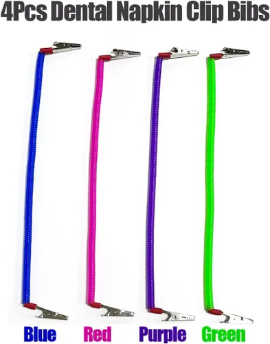 Vista 2 de 4 piezas de servilletero, clips de babero multicolor para dental, cadenas de cuello con clips de metal para clínica dental, protector de ropa