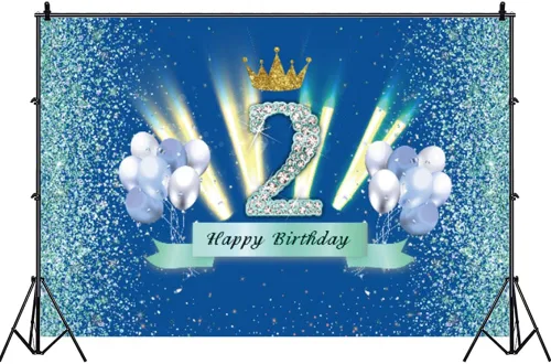 Vista 2 de Fondo azul para cabina de fotos de 2º cumpleaños para niños, decoración de fiesta de segundo cumpleaños, telón de fondo de fotografía para niños