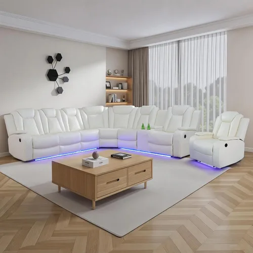 Vista 21 de Juego de sofá reclinable eléctrico para sala de estar, juego de sofá reclinable de cuero con luz LED, soporte para tazas, almacenamiento de consola