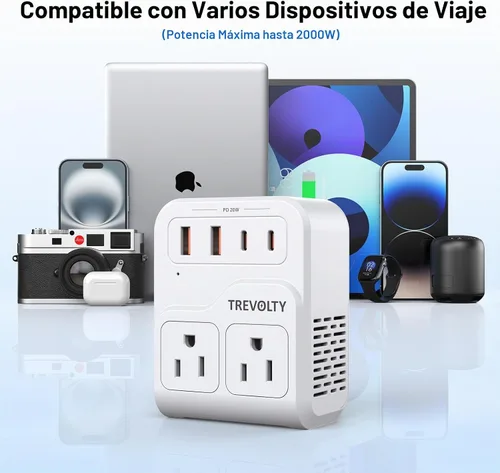 Vista 6 de Adaptador de enchufe de viaje europeo 7 en 1, adaptador de viaje universal de 2000 W con 3 enchufes de CA, 2 puertos USB-A y 2 puertos USB-C