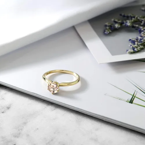 Vista 61 de Anillo de compromiso solitario con piedra preciosa redonda de oro amarillo de 14 quilates de 0.236 in para mujer Ajuste clásico de 6 puntas