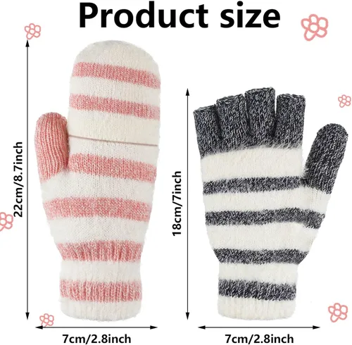 Vista 2 de SATINIOR 2 pares de guantes de invierno de punto sin dedos convertibles, guantes de invierno cálidos de lana para mujeres y hombres (rosa, negro)