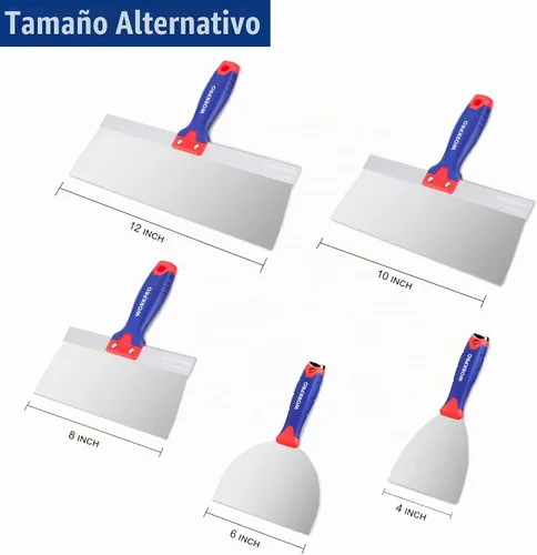 Vista 2 de Juego de cuchillos para paneles de yeso WORKPRO, cuchillo de cinta de acero inoxidable con hojas de 4", 6", 8", 10", 12" y extremo de martillo
