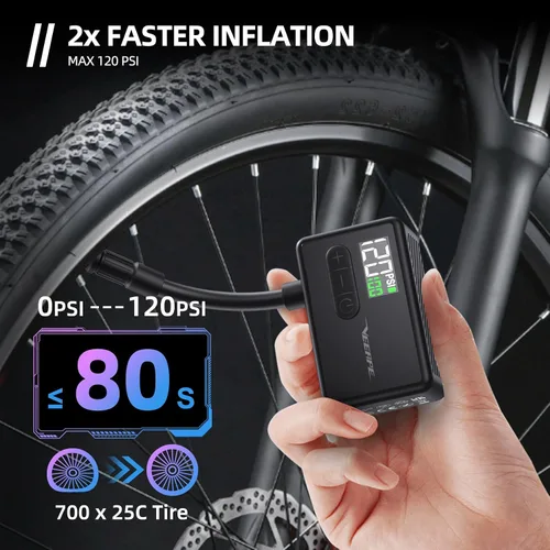 Vista 3 de Tiny Pump Mini Bike Tire Pump - Max 120PSI Portable Electric Bicycle Pump with Fast Inflation Auto Stop - Bicycle Inflator with Presta Schrader