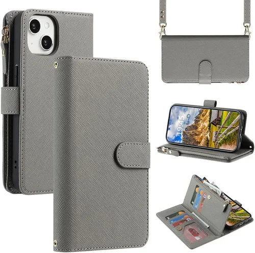 Vista 9 de Funda Cartera para iPhone 13/14 con Tarjetero, Funda Cruzada con Correa para el Hombro, Bolsillo con Cremallera Cartera de Cuero PU para iPhone 13
