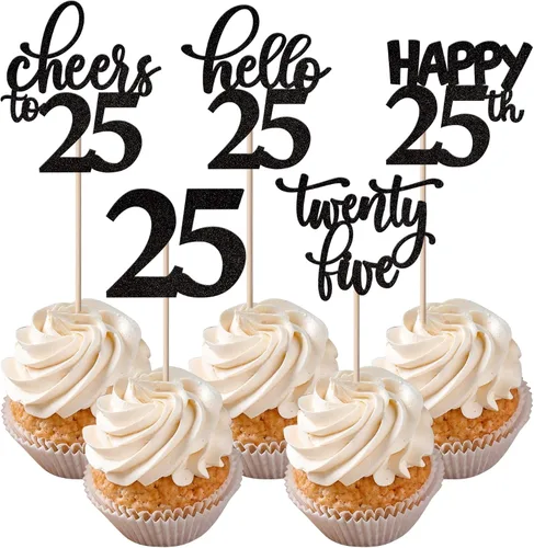 Vista 56 de Rsstarxi Paquete de 30 adornos para cupcakes de 6º cumpleaños con purpurina negra de seis Hello 6 para cupcakes Cheers to 6 años de edad
