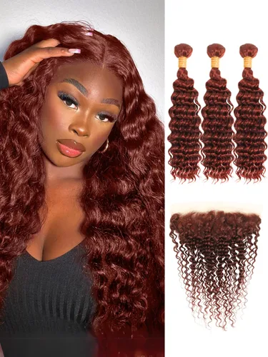 Vista 47 de Cabello Humano Rizado Castaño Rojizo, Trama Gruesa Castaño Cobrizo Rojo Coloreado Ondas Profundas Paquetes Individuales Cabello Humano 12A Tejido