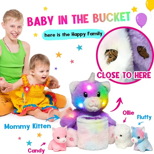 Vista 6 de Hopearl Gato de peluche LED con cubo extraíble que ilumina a mamá gata, con 3 gatitos en la canasta, juego de animales de peluche con luces